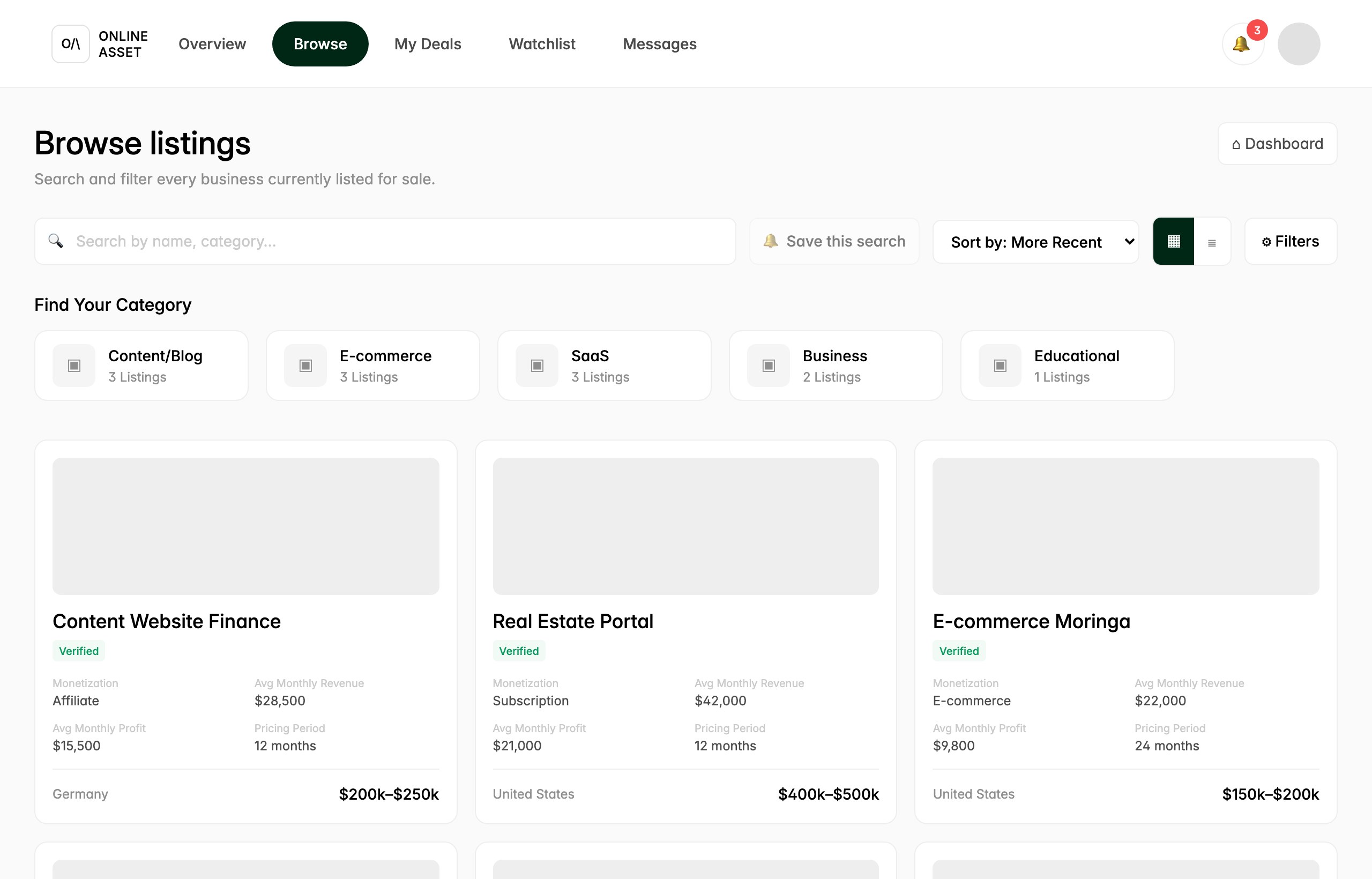 The Browse listings marketplace showing a search bar, Save this search, Sort by and Filters controls, category chips for Content/Blog, E-commerce, SaaS, Business and Educational, and listing cards (Content Website Finance, Real Estate Portal, E-commerce Moringa) each with a Verified badge, a monetization type, a country, and a price band such as $200k to $250k.