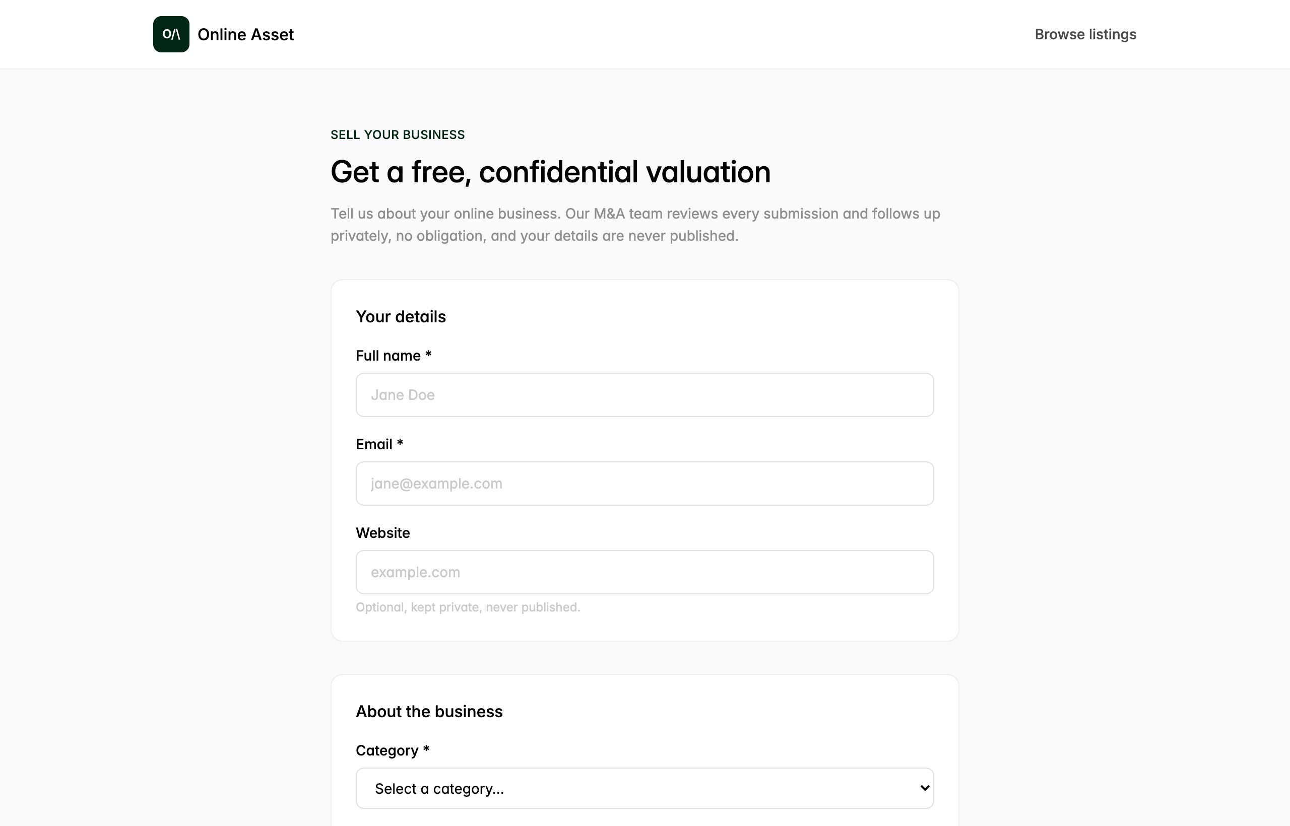 The Sell your business valuation page titled Get a free, confidential valuation, with a Your details card containing Full name, Email, and optional Website fields, and an About the business section starting with a Category dropdown.