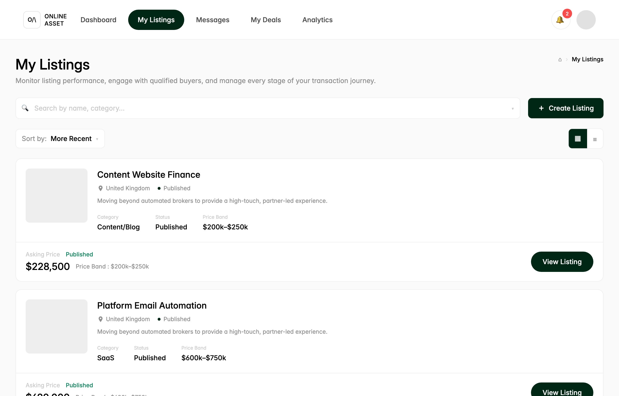 The My Listings page showing listing cards for Content Website Finance and Platform Email Automation, each with United Kingdom location, Published status, Category, Price Band, an Asking Price (for example $228,500), and a View Listing button, plus a search bar and Create Listing button.