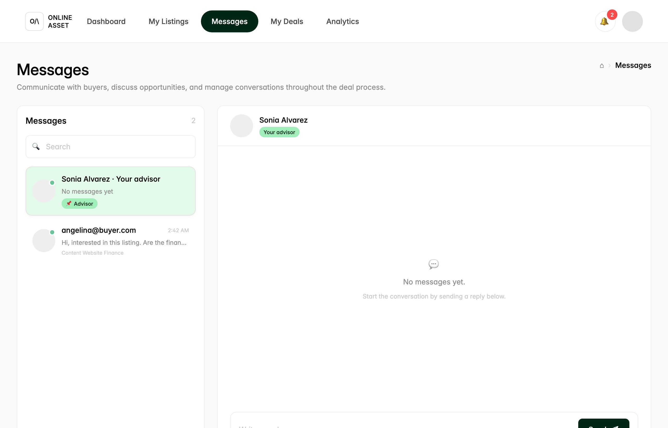 The Messages page with a thread list showing a pinned advisor thread for Sonia Alvarez tagged Your advisor and a buyer thread from angelina@buyer.com tied to Content Website Finance, alongside an open conversation panel prompting the seller to start the conversation.