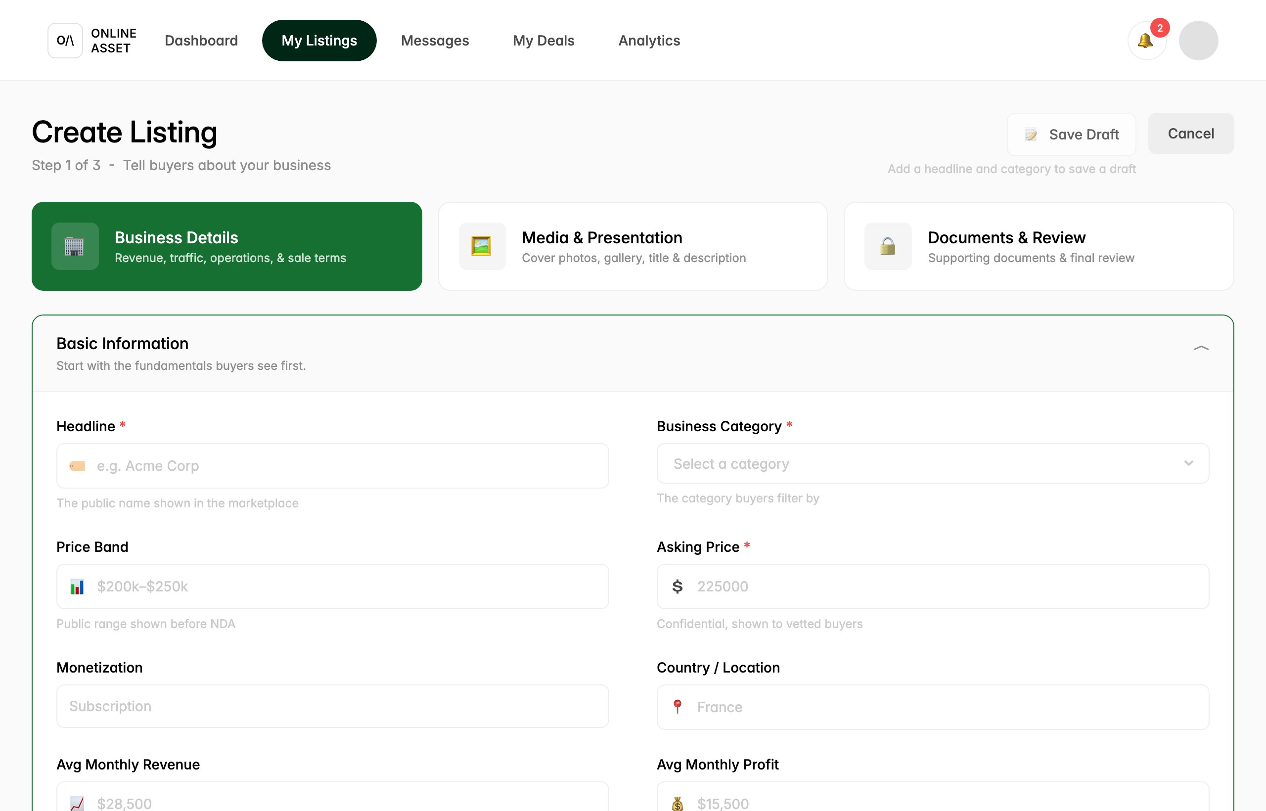 The Create Listing wizard on Step 1 of 3, Business Details, showing the three-step tab bar (Business Details, Media & Presentation, Documents & Review) and a Basic Information form with Headline, Business Category, Price Band, Asking Price, Monetization, Country / Location, Avg Monthly Revenue, and Avg Monthly Profit fields.